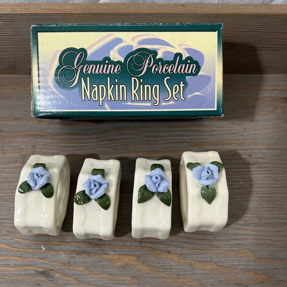 Vintage Genuine PORCELAIN Blue Rose‎ NAPKIN RING Set CLOTH Linen Holders FLOWER